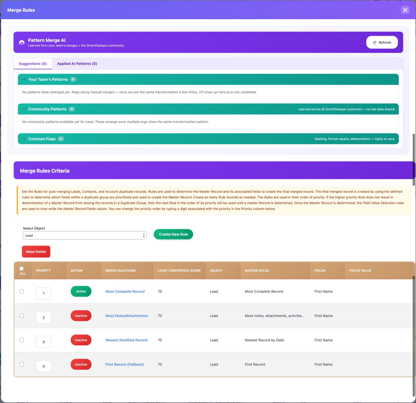 SmartDedupe Merge Rules screen