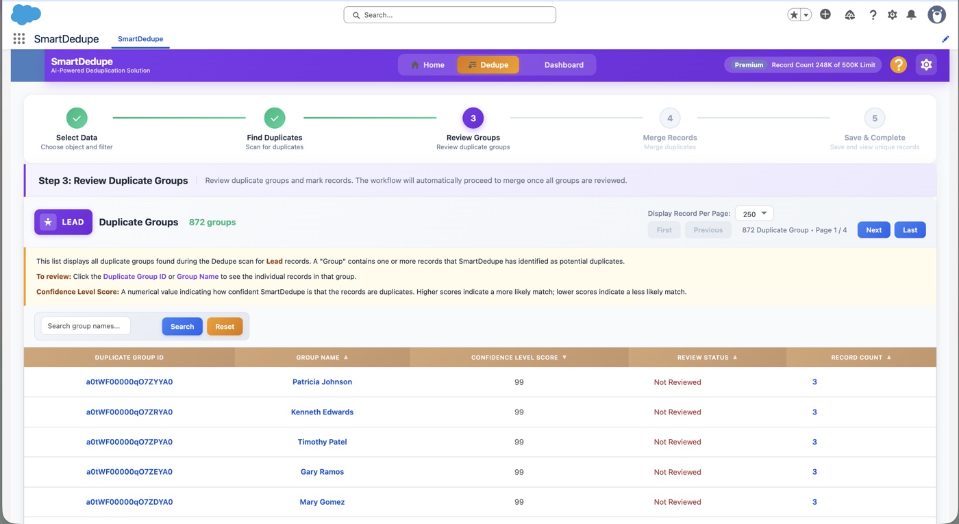 SmartDedupe Review Groups screen