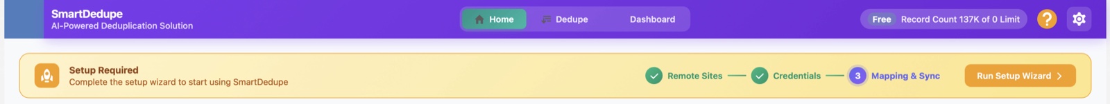 SmartDedupe setup wizard: Remote Sites, Credentials, Mapping & Sync